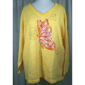 Quacker Factory 3X Sequin Butterfly Yellow Sweater